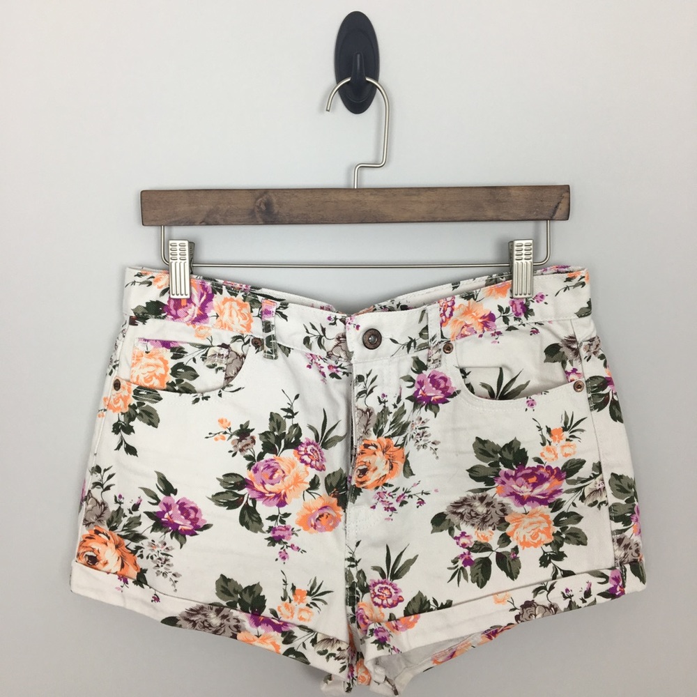 Forever 21 Floral Jean Shorts - White and Multicolor